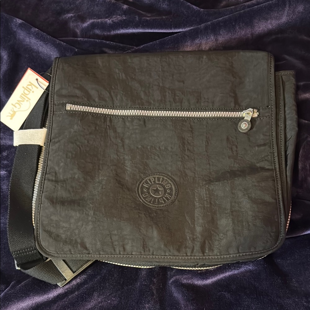 Kipling Black Messenger Bag with Signature Logo and Crinkle Nylon